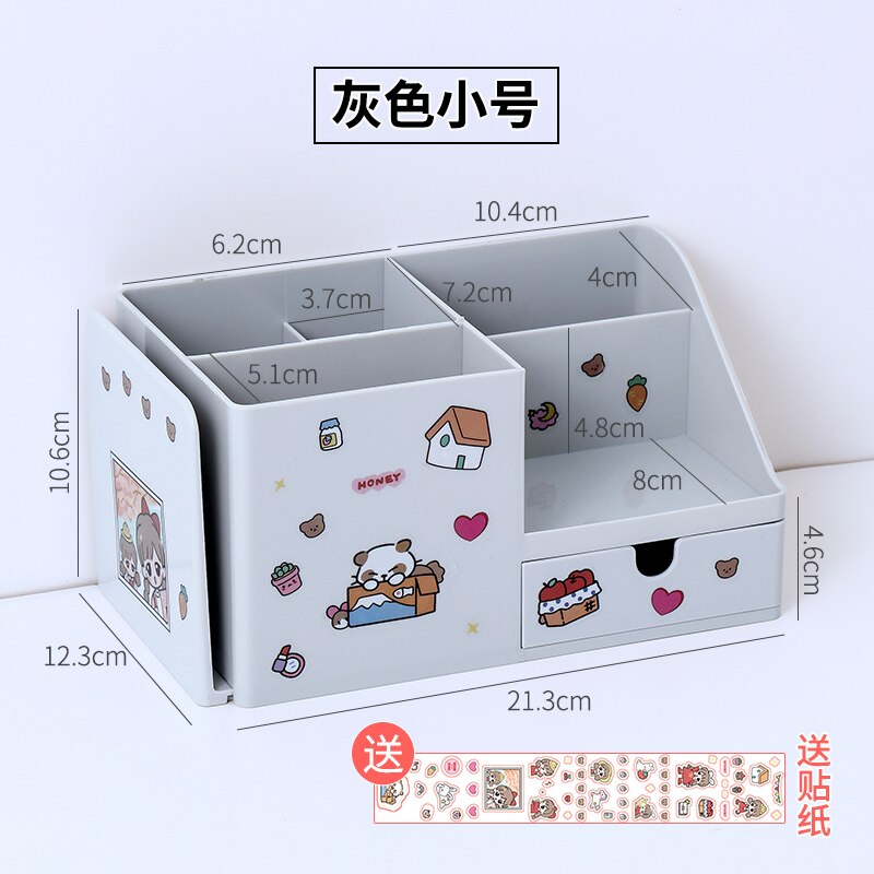 Cute Storage 3 In 1 School Multifunctional Desktop Box Pen Household Durable Plastic Stationery Storage Rack Drawer Organizer: Grey Small