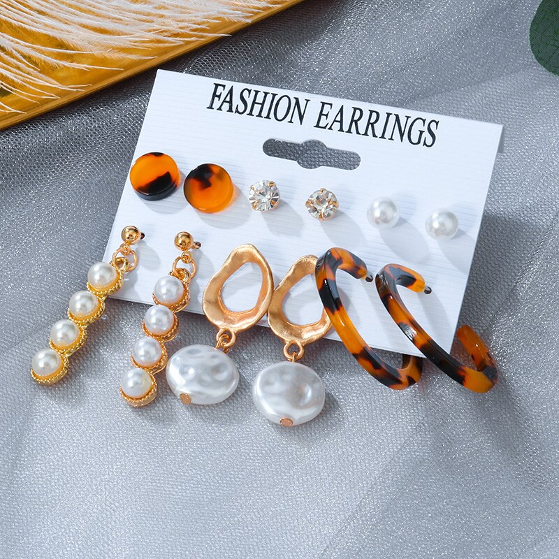 Statement Korean Acrylic Earrings Set Summer Geometric Pearl Tassel Acetate Earrings for Women Vintage Jewelry: Cold 227