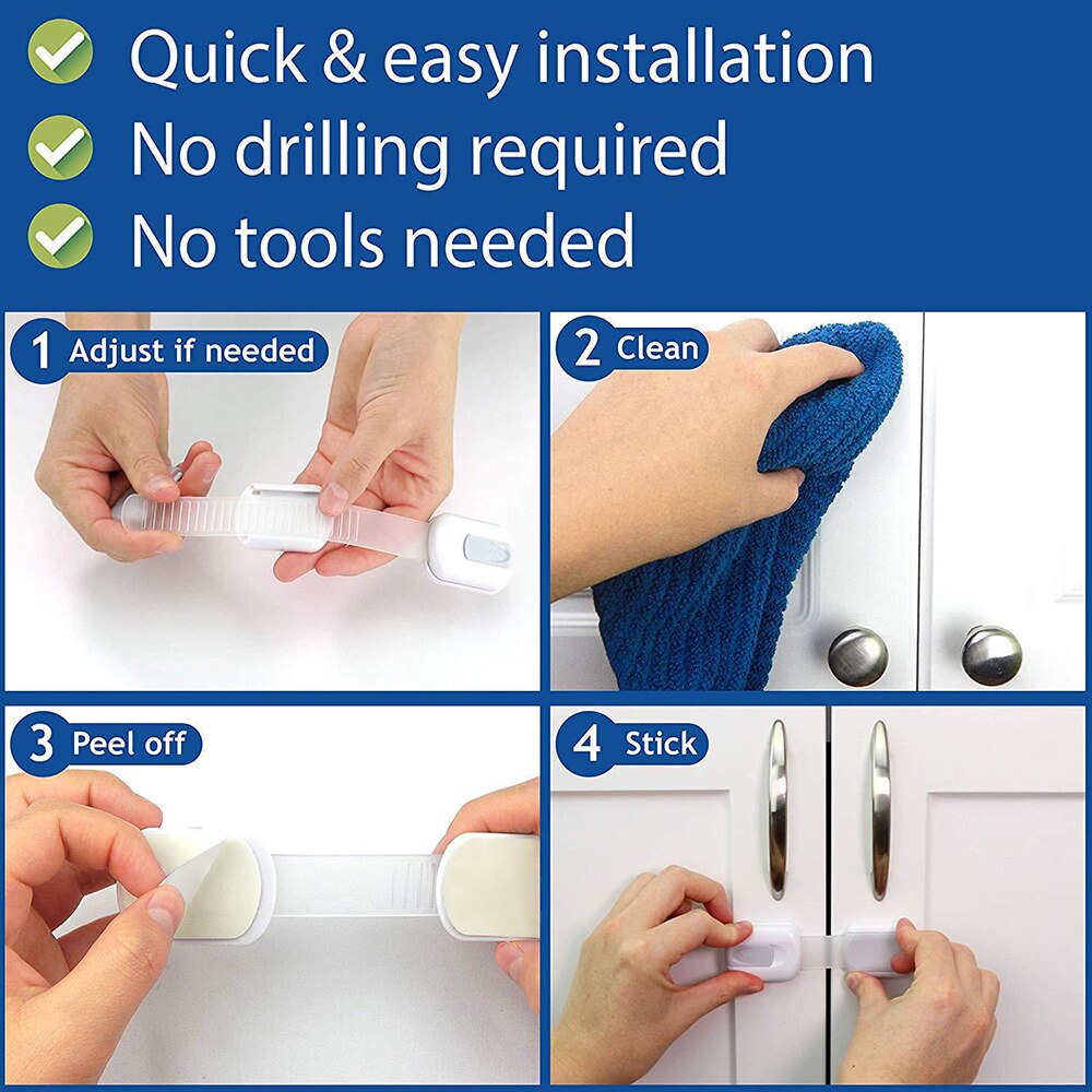 16 PCS Child Safety Cabinet Locks Baby Proofing Adjustable Strap Lock Multi Use Latches for Drawers Cupboards Dresser Oven