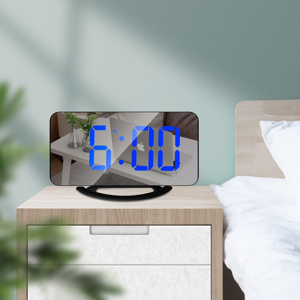 3Levels Multifunctional LED Screen Mirror Digital Display Wake Up Clock Desktop Automatic Photosensitive Electronic Alarm Clock