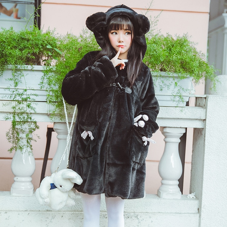 Abrigo de felpa estilo universitario japonés de invierno de lolita dulce, grueso, lindo, con botones de cuerno de gato, abrigo mediano largo, abrigo de chica kawaii loli