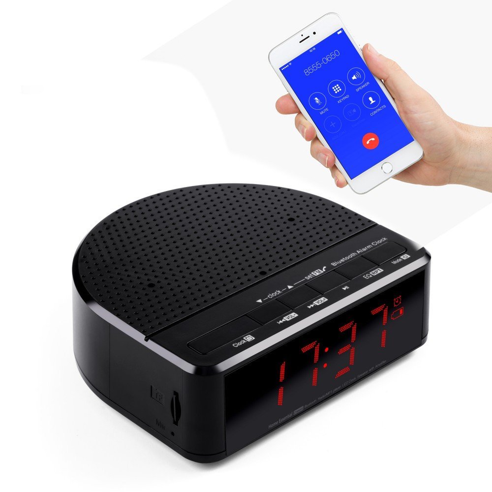 Radio réveil numérique avec haut-parleur Bluetooth, affichage chiffre rouge avec 2 gradateurs, radio FM, Port USB chevet réveil led.