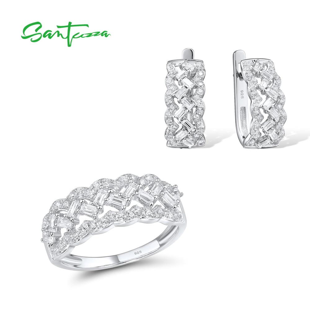 SANTUZZA Jewelry Set For Women Genuine 925 Sterling Silver Sparkling White Cubic Zirconia Earrings Ring Set Party Fine Jewelry