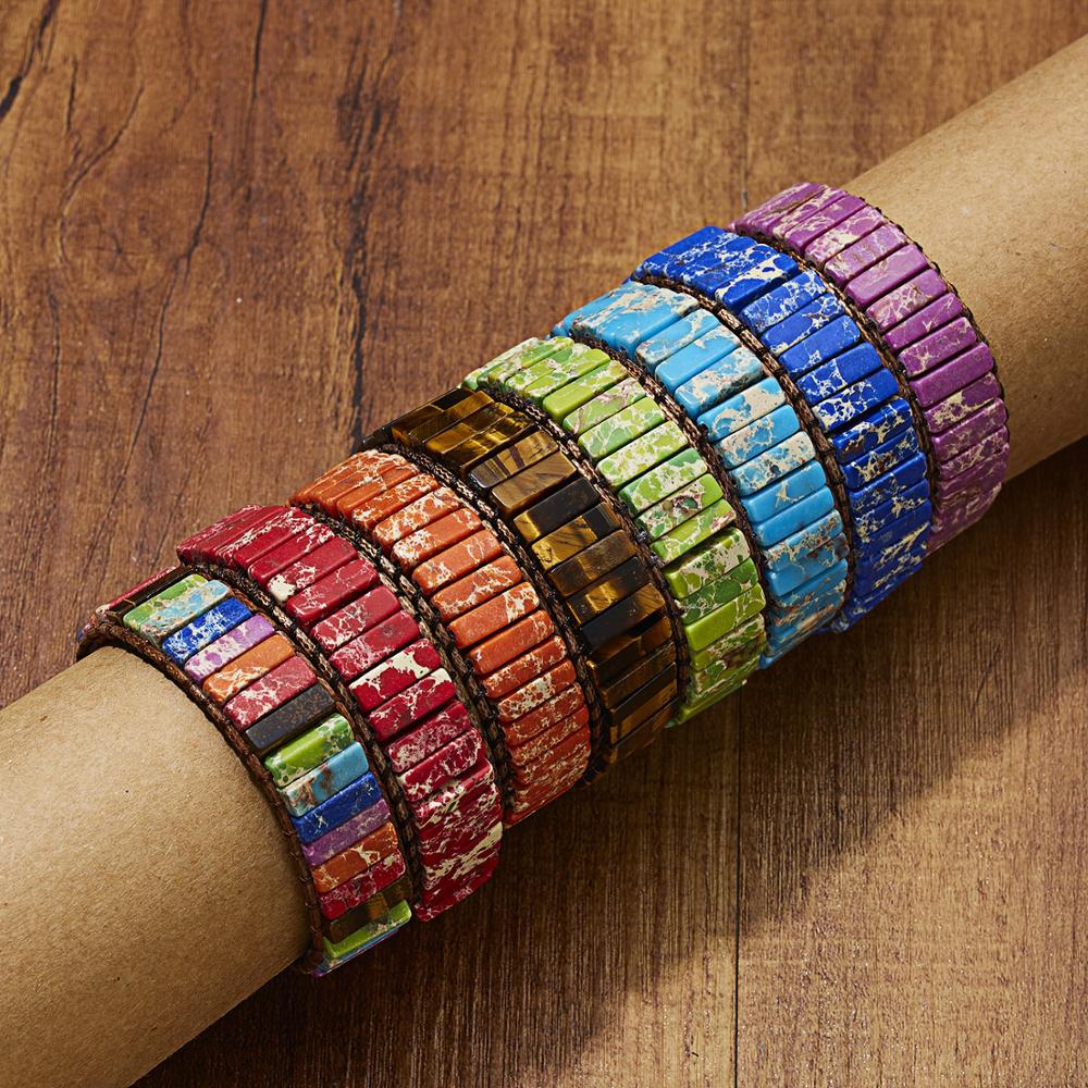 Chakra Bracelet Jewelry Handmade Multi Color Natural Stone Tube Beads Leather Wrap Couples Bracelets