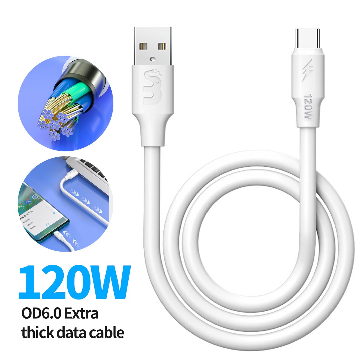 OD6.0 Extra Dikke Usb Type C Datakabel 120W 6A Quick Charge Usb C Draad Voor Samsung S20 S21 xiaomi Poco Mobiele Telefoon Usbc Cord