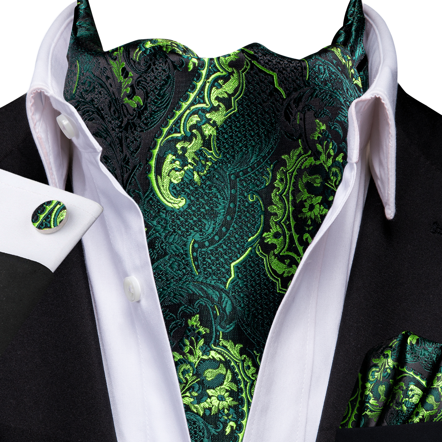 Hi-Tie Silk Mens Ascot Pocket Square Cufflinks Set Jacquard Paisley Floral Vintage Cravat Tie for Male Red Blue Green Gold Pink