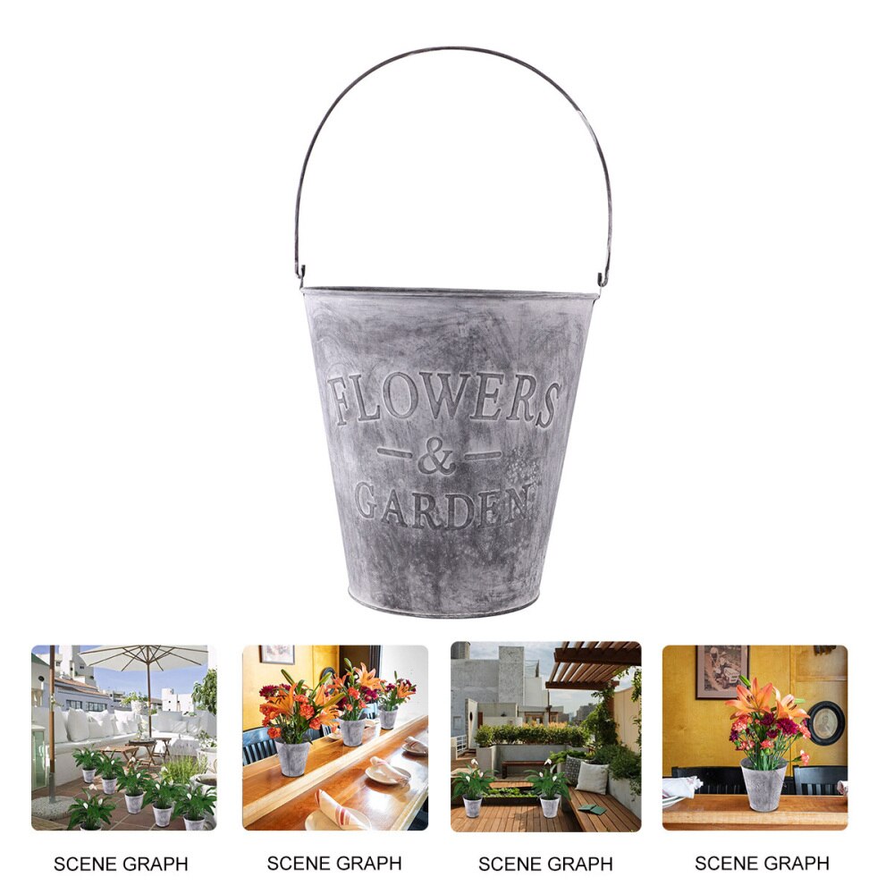 Garden Wrought Iron Pail Simulation Round Iron Bucket Flower Pot Metal Flower Bucket for Home - Size L(Light Grey)