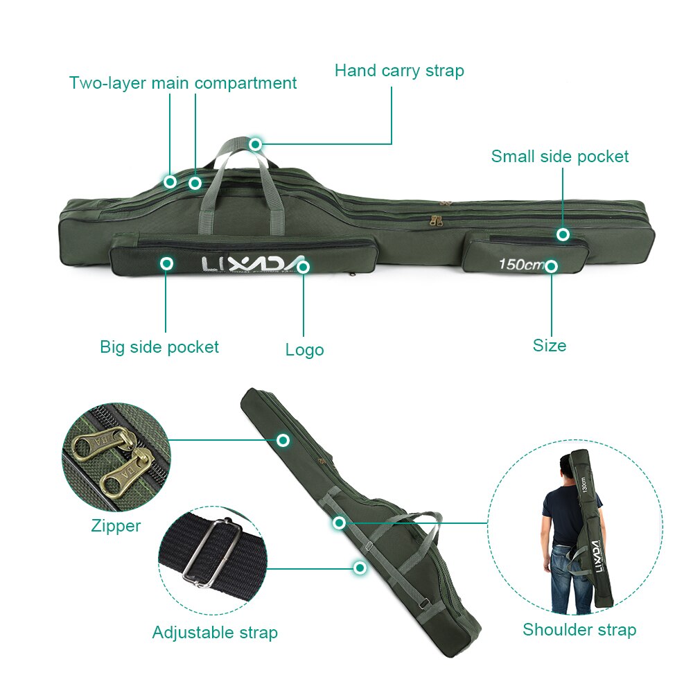 Lixada 80/150/210cm Fishing Bag Oxford Cloth Folding Fishing Rod Reel Bag Fishing Tackle Storage Bag Fishing Bag Carrier 2Layer