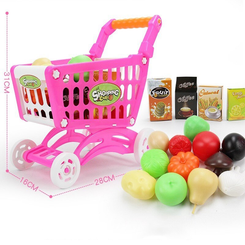 1Set Kids Simulation Supermarket Shopping Cart Mini Trolley With Fruit Vegetable Pink