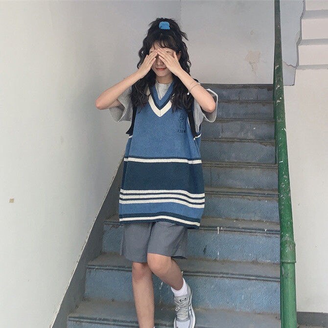 Chaleco Retro sin mangas de estilo coreano para mujer, suéteres tejidos a rayas, estilo Preppy, con cuello en V, informal, combina con todo: S
