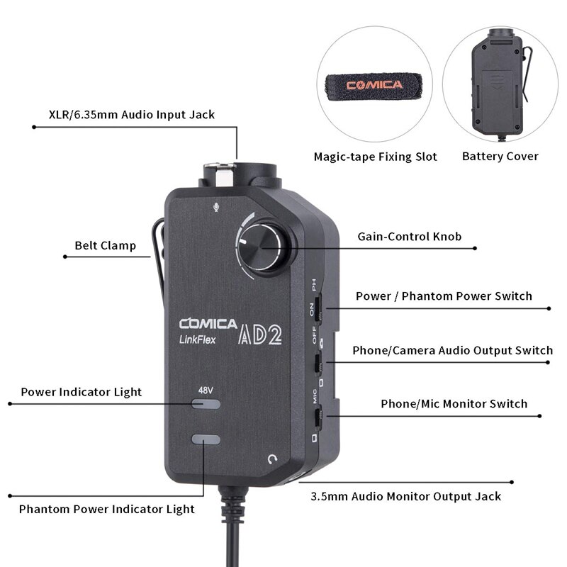 Comica-Amplificador de micrófono AD2 XLR/6,35mm para guitarra, adaptador de interfaz de Monitor en tiempo Real para teléfono Android, cámara DSLR