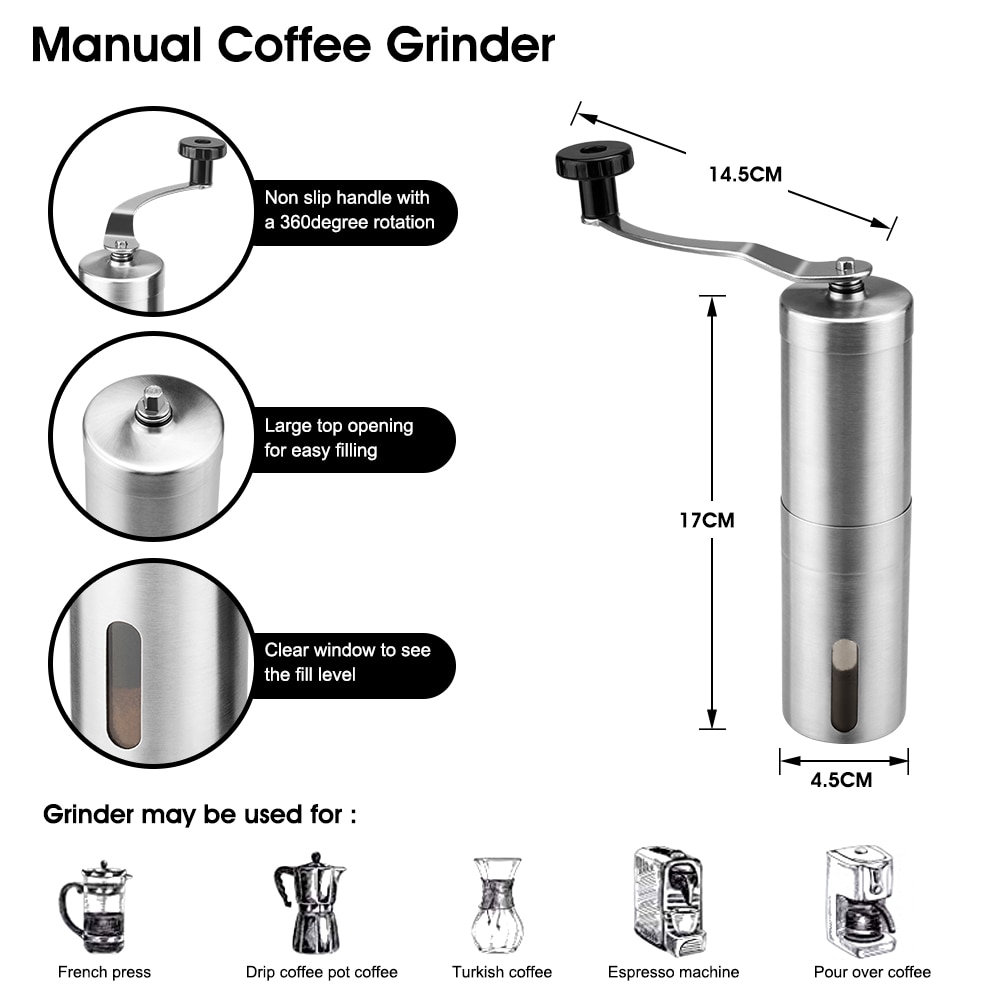 Manual Coffee Grinder for French Extruder Machine Handheld Mini Brushed Stainless Steel Portable Conical Grinder Kitchen Grinder