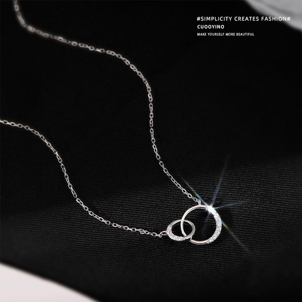 Silver Necklace with simple double circle zircon necklace Korean silver jewelry engagement