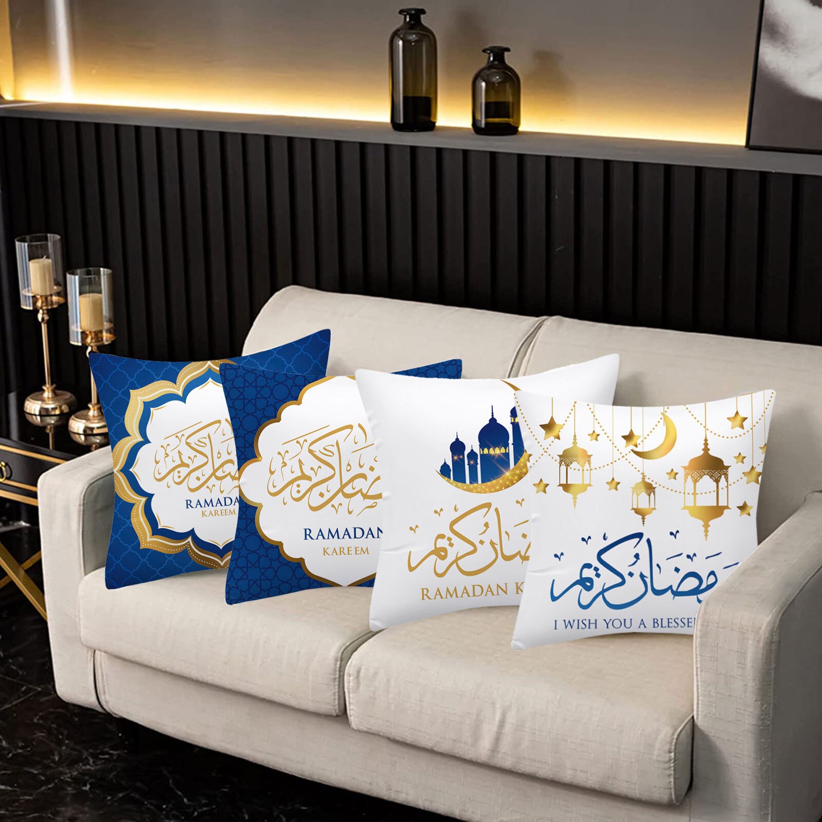 Set van 4 islamitische kussenslopen en 1 tafelloper|Ramadan Kareem-decor| Halve maan met tafelkleed en kussen ramadanlantaarn|Cadeau voor moslims - België