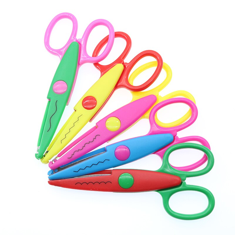 JTSIP Kids Safety Lace Scissors Stainless Steel Plastic Scissors School Paper Cutter Tool Six Patterns Set Children DIY Scissors