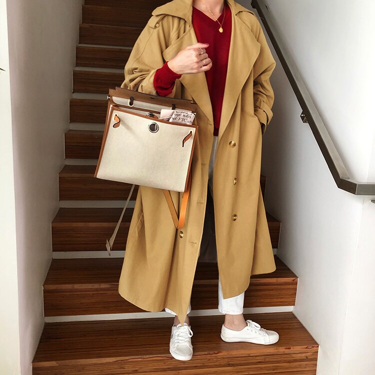 Koreansk stil lös kvinnor långa trench ytterkläder kvinnlig vintage ren bomull vindjacka: Lätt kaffe / S