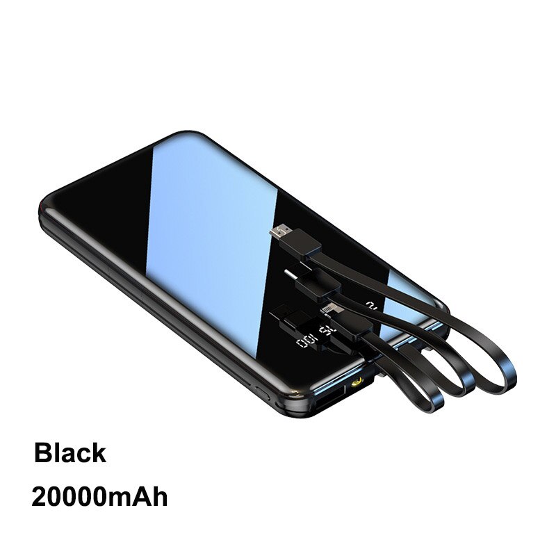 Pinzheng 20000Mah Draagbare Power Bank Full Screen Ingebouwde 3 Kabels Powerbank Voor Iphone Xiaomi Snelle Opladen Externe batterij: Black 20000mAh