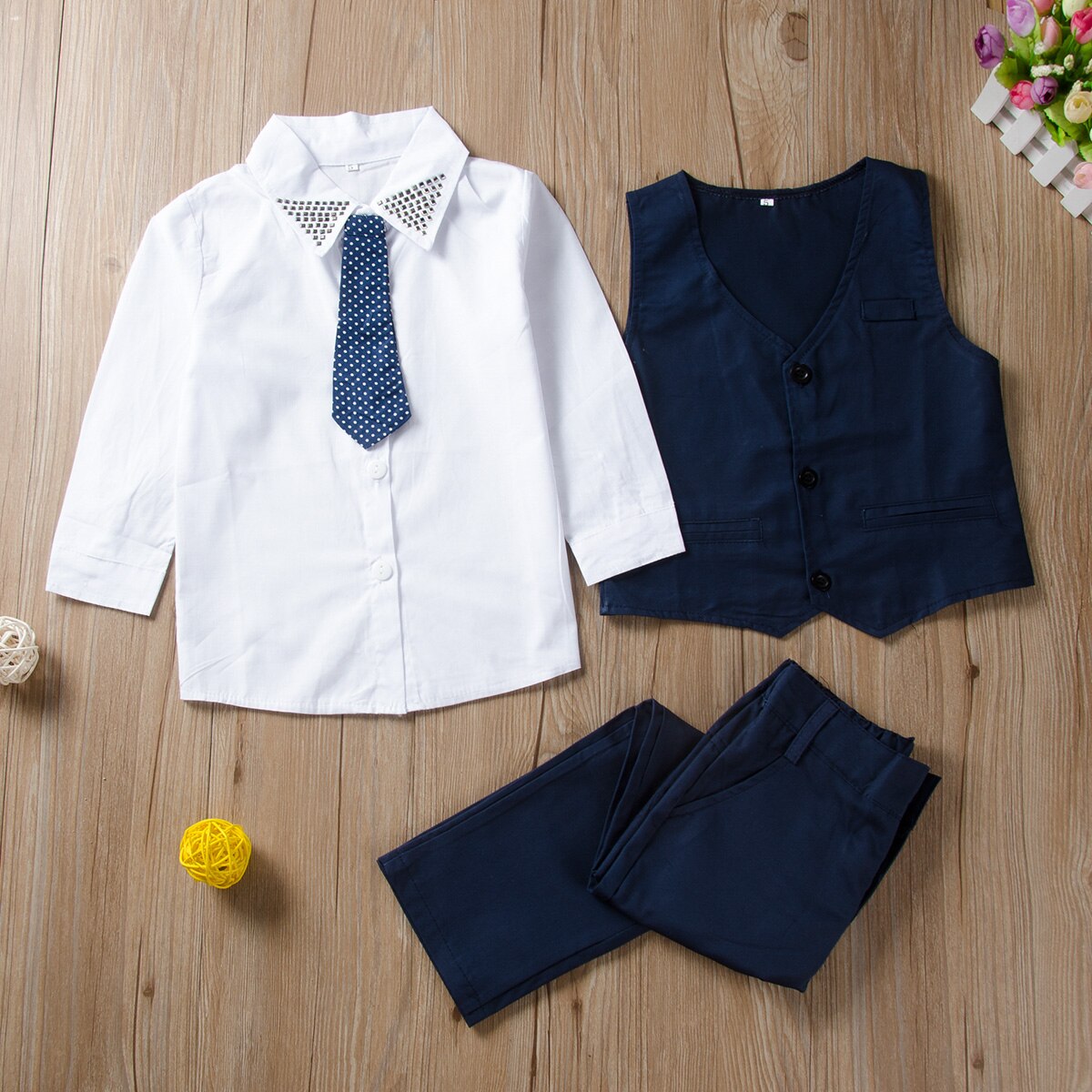 Formal toddler baby kids boys long sleeve shirts white blue jacket tops vest pants tie suit outfits 4 pieces set