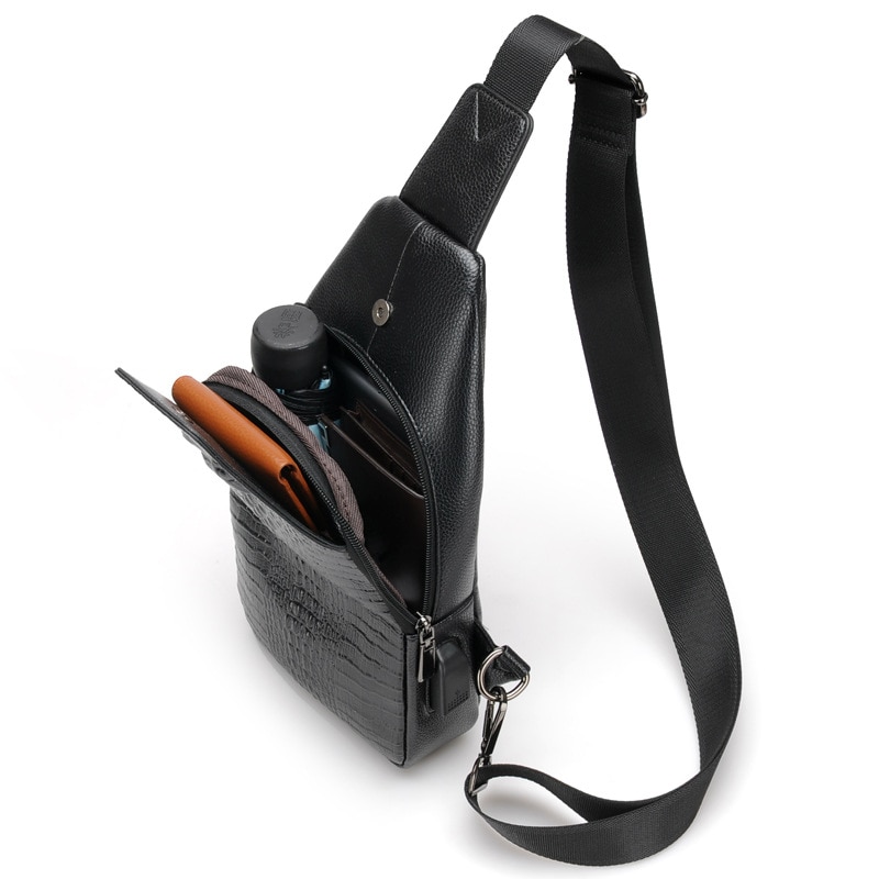 hommes sac de poitrine sac Messenger en cuir USB chargement coffre Pack Alligator décontracté sac à bandoulière homme Crocodile motif sacs à bandoulière