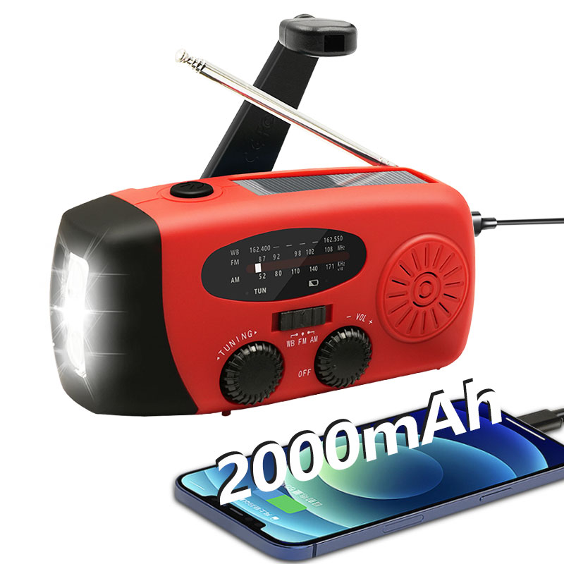Radio portátil de emergencia, manivela Solar de 2000mAh, cargador de teléfono móvil, Radio AM/FM, linterna LED, luz nocturna para interiores y exteriores: Rojo