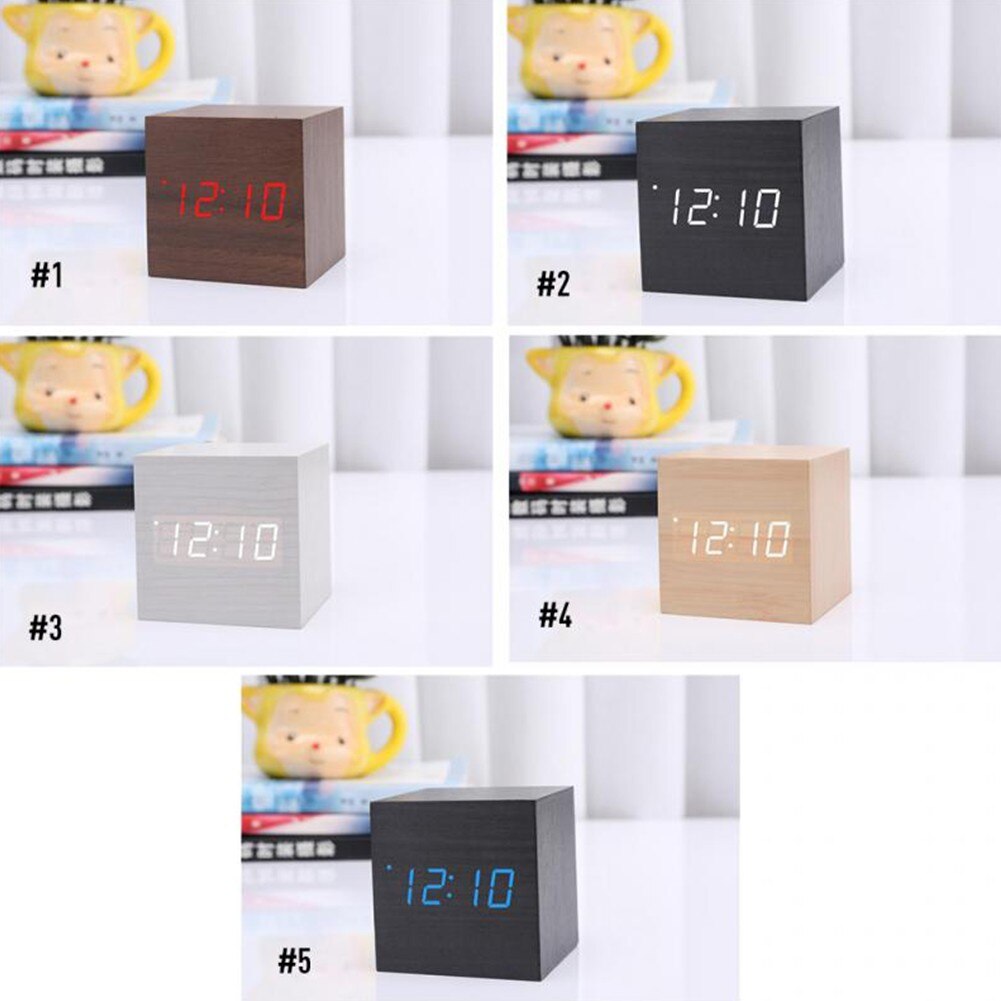 Kleine Vierkante Digitale Houten Led Wekker Hout Retro Glow Klok Desktop Tafel Decor Voice Control Snooze Functie Desk Decor