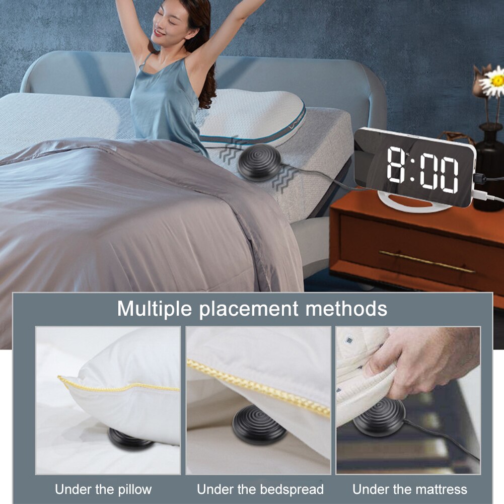 2 USB Ports Loud Digital Alarm Clock Heavy Sleeper Vibrating LED Mirror Home Office Adjustable Brightness With Bed Shaker