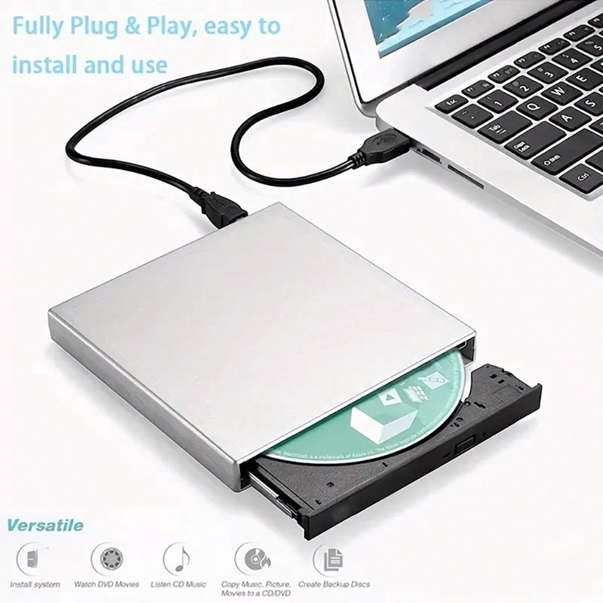 External CD/DVD Drive For Laptop, Portable Slim USB 2.0 CD/DVD Burner, CD/DVD+/-RW ROM Optical Drive For Laptop