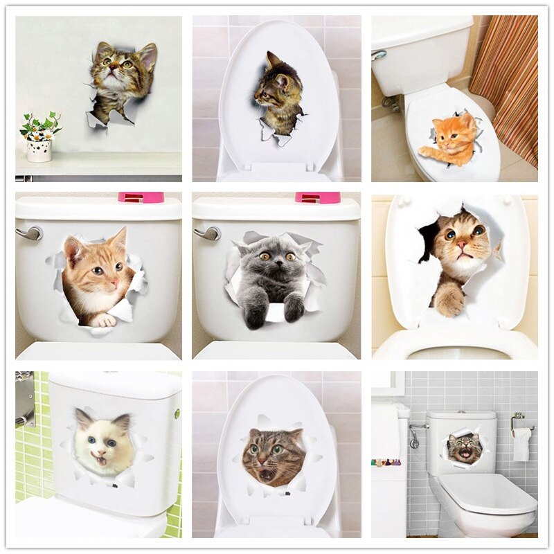 Nette Katze Hund Wc Aufkleber Dekoration Diy Lustige Karikatur Ebene Wc Wandbild Kunst lebendig 3d Kätzchen Welpen Safari Pvc Zauberstab Aufkleber