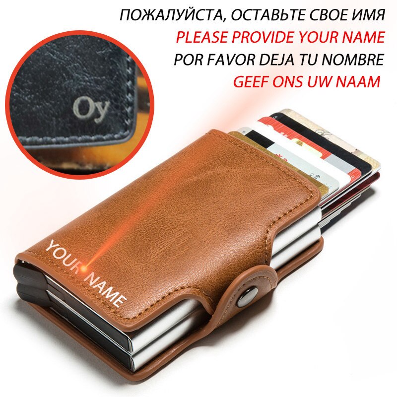 Engraving RFID Card Holder Wallet for Men Credit Card Holder Business Unisex PU Leather Double Layer Cardholder Aluminum Box: Brown with Name