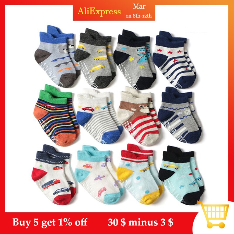 12 Pair/Set Toddler Baby Combed Cotton Socks Anti-slip Cartoon Floor Kids Boys Girls Comfortable Warm Sox