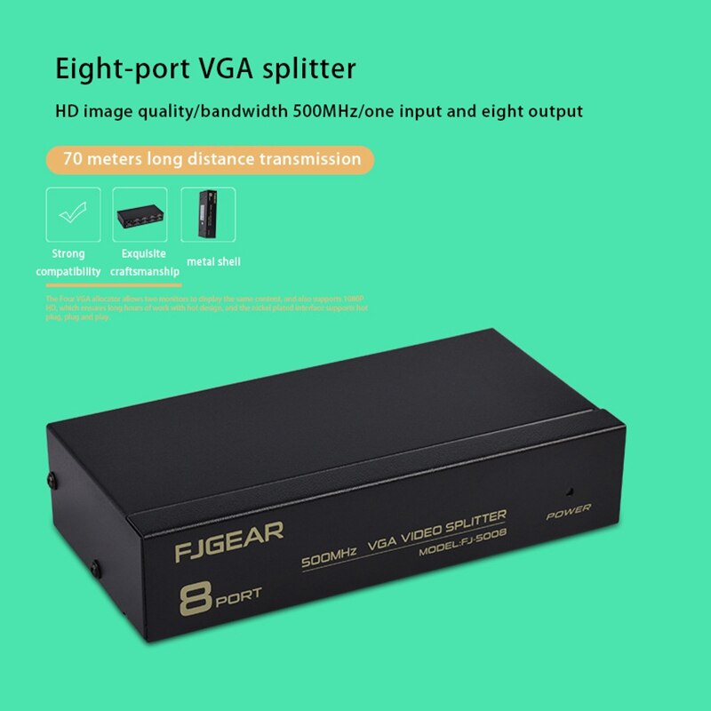 FJGEAR-Divisor VGA 1 en 8, HD, 8 puertos, divisor VGA, un puerto, muestra ocho pantallas, enchufe de la UE