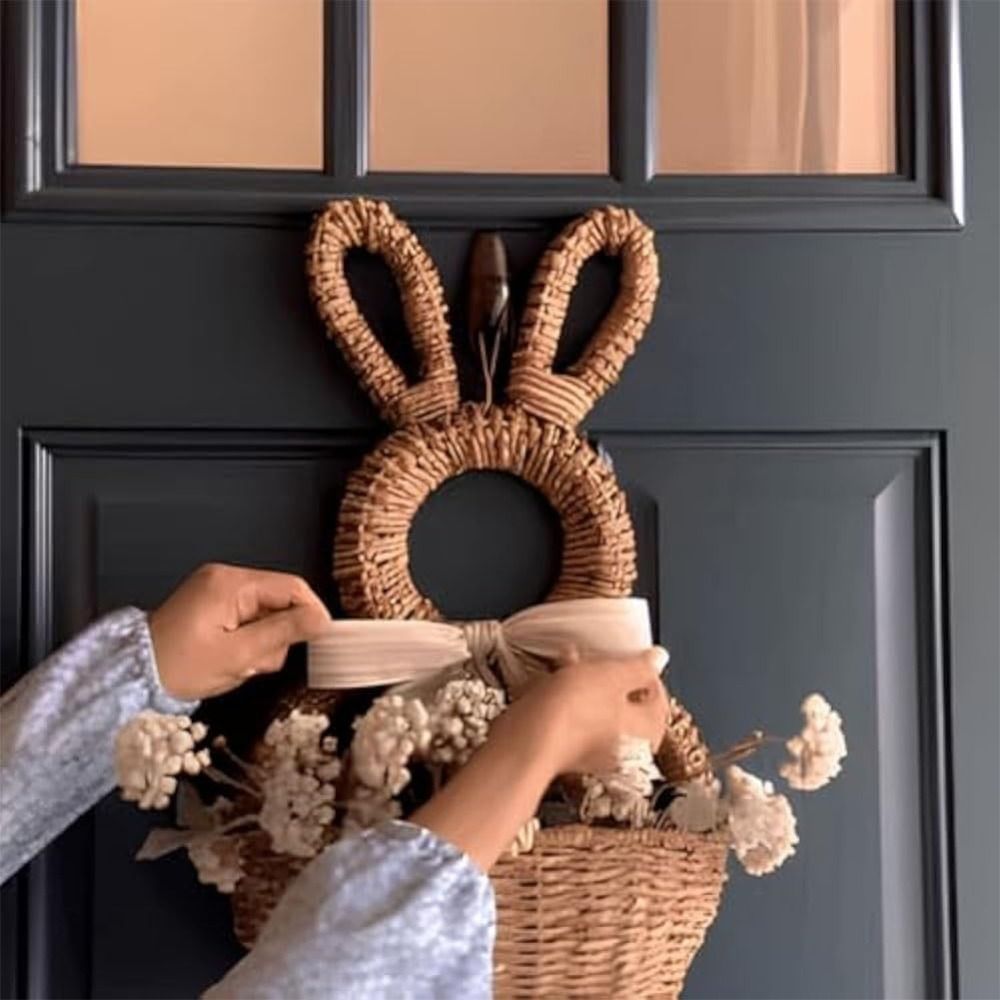 Hand Natural Woven Bunny Easter Basket Wall Hanging Happy Easter Bunny Basket Wall Pocket Hanging Wall Pocket Spring Decor