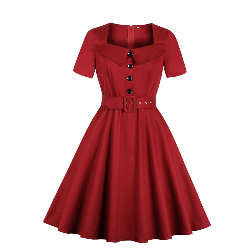Robe trompette Vintage pour femmes, col carré, boutons, fermeture éclair, ceinture, manches courtes, grande taille, rétro élégante, robe d'extension pour filles, été,: Bourgogne / 4XL