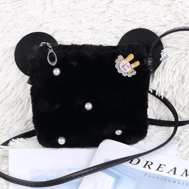 Schattig klein meisjes mini portemonneetje kawaii nep konijnenbont baby kleine portemonnee peuter schoudertas meisjes feesttasje: Zwarte klep
