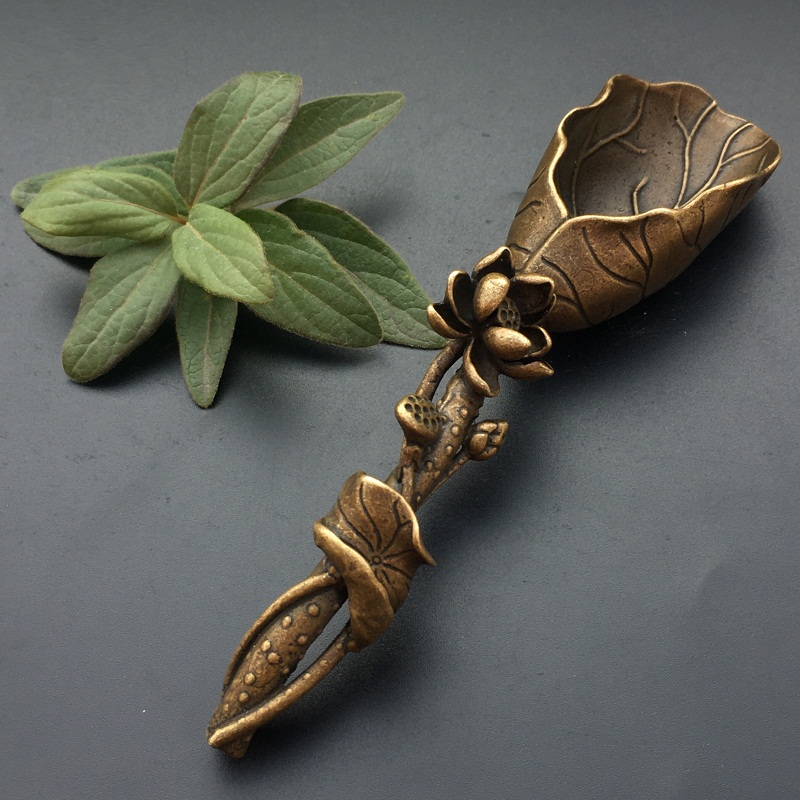 Pure copper Tea shovel handmade micro carving antique lotus leaf spoon antique craft bronze ware