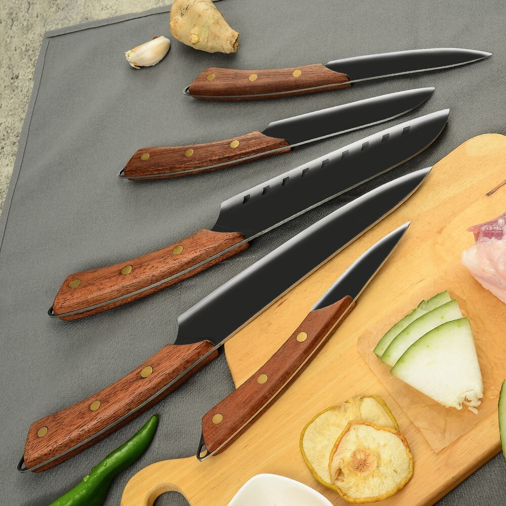 Damask Stainless Steel 5PCS Black Matte Hollow Blade Kitchen Knife Set Chef Knife Slicing Knife Wood Handle Kitchen Cleaver