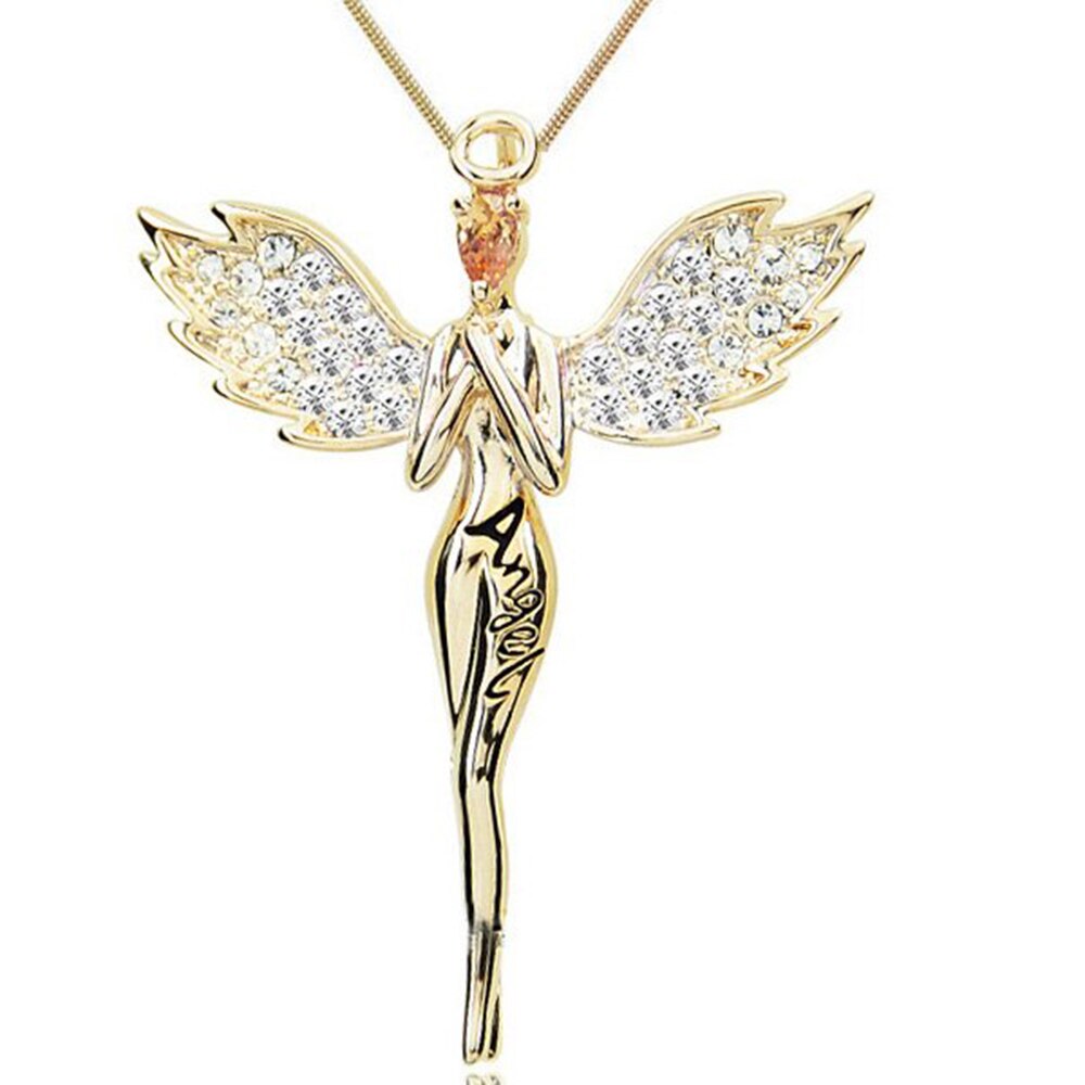 1pc Gold Sliver Crystal Zircon Rhinestone Angel Wings Sweater Chain Pendants Necklaces For Women Angle Girl: gold