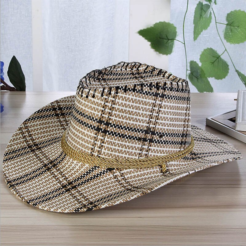 plaid straw hat men's cowboy hat summer sun hat outdoor sun hat big beach hat casual style travel cap