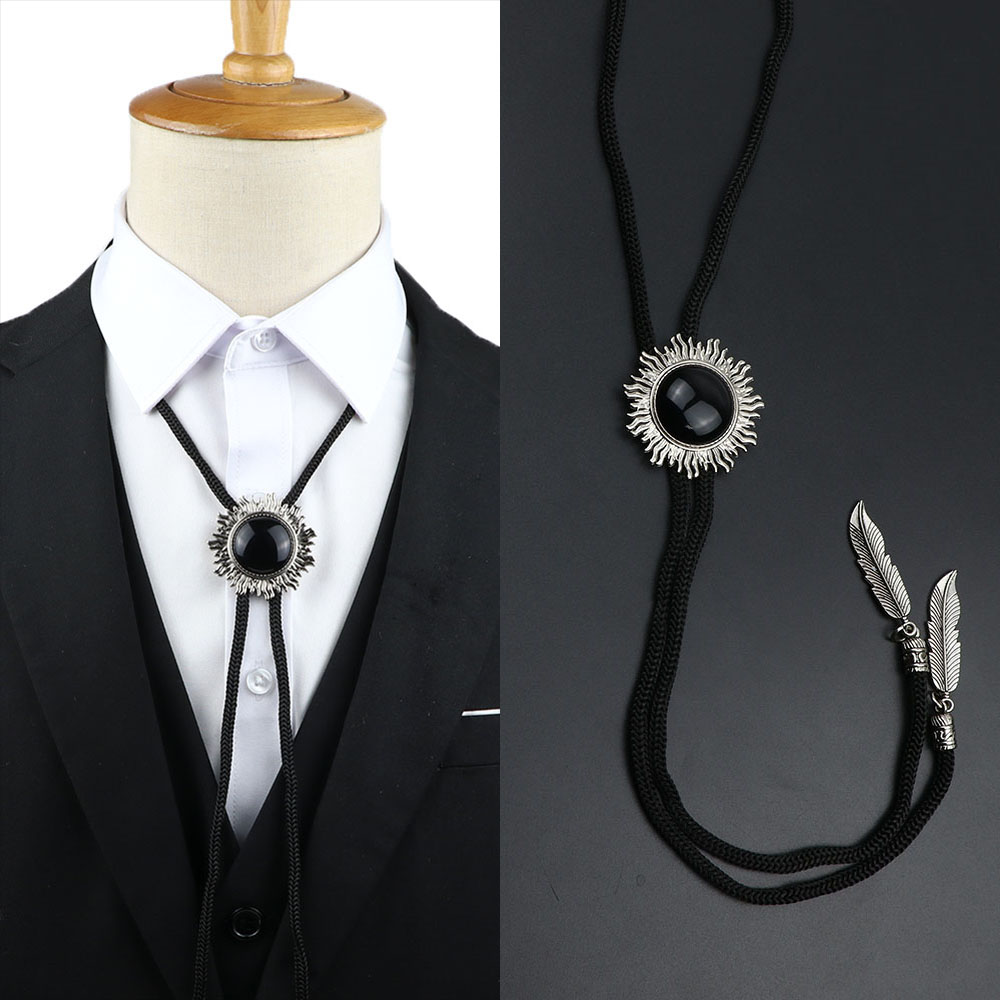 Bolo Tie Necklace - Leather Rope Chain - Plaid Pattern - Cowboy Jazz Style - Unisex Adult Accessory: black