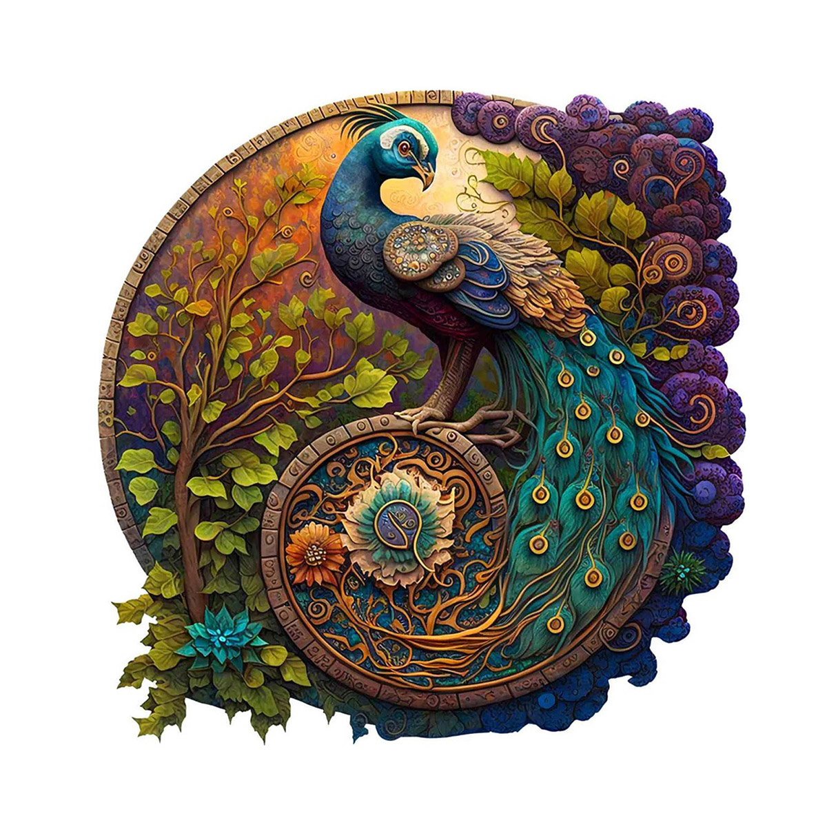 Unique Round Peacock Pattern Wooden Puzzle,Irregular Animal Shapes Jigsaw Puzzle,, The for Halloween, Christmas, Birthday