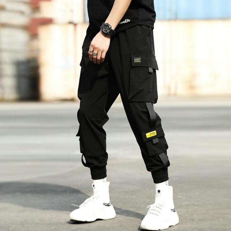 Streetwear hippe sorte bukser mænd elastiske talje sportsbukser med bånd afslappede slanke bukser mænd hofte bukser: Kinesisk størrelse xxl
