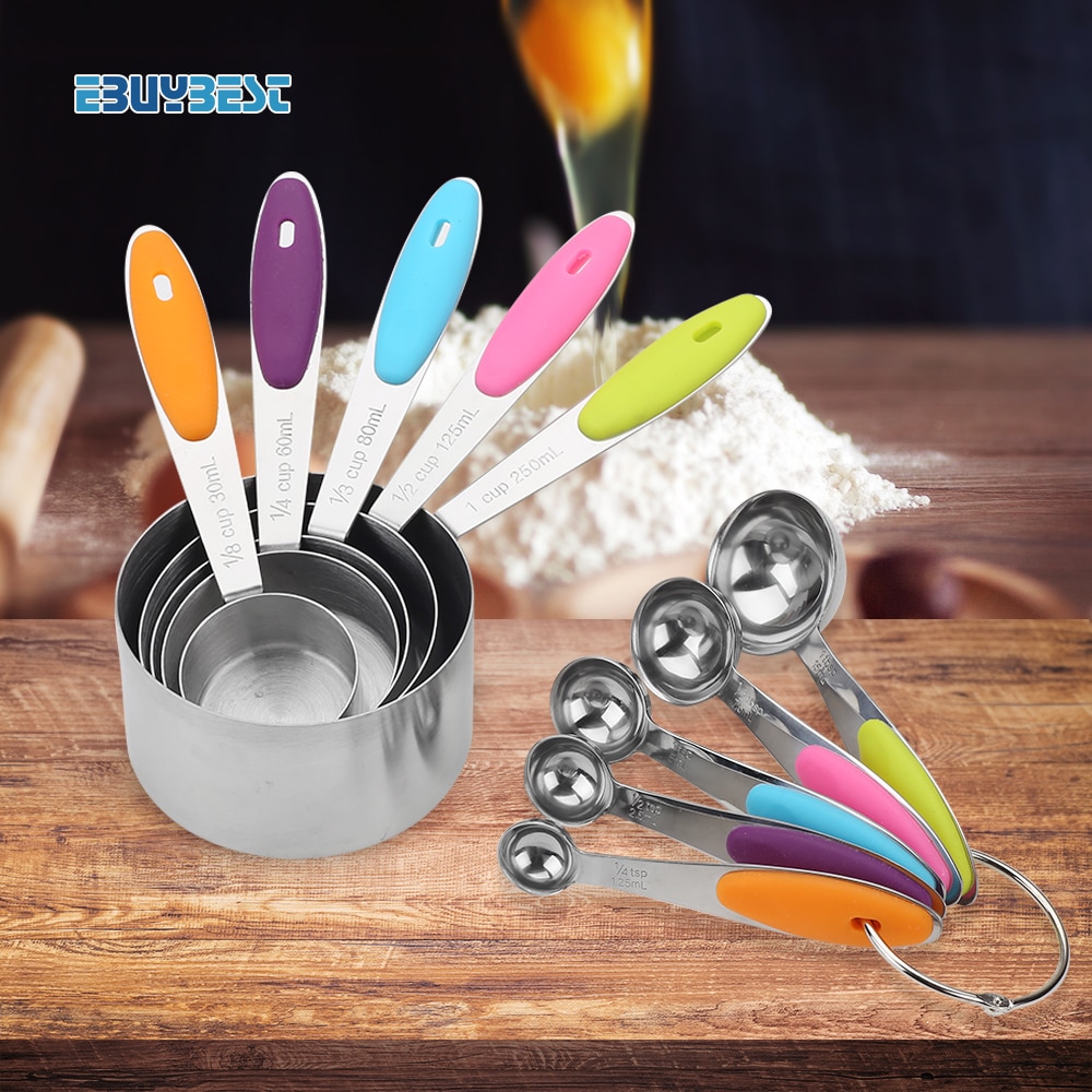 Cuchara con escala de medición de acero inoxidable, juego de tazas y cucharas medidoras de silicona para cocina, utensilios de medición de café y azúcar para hornear