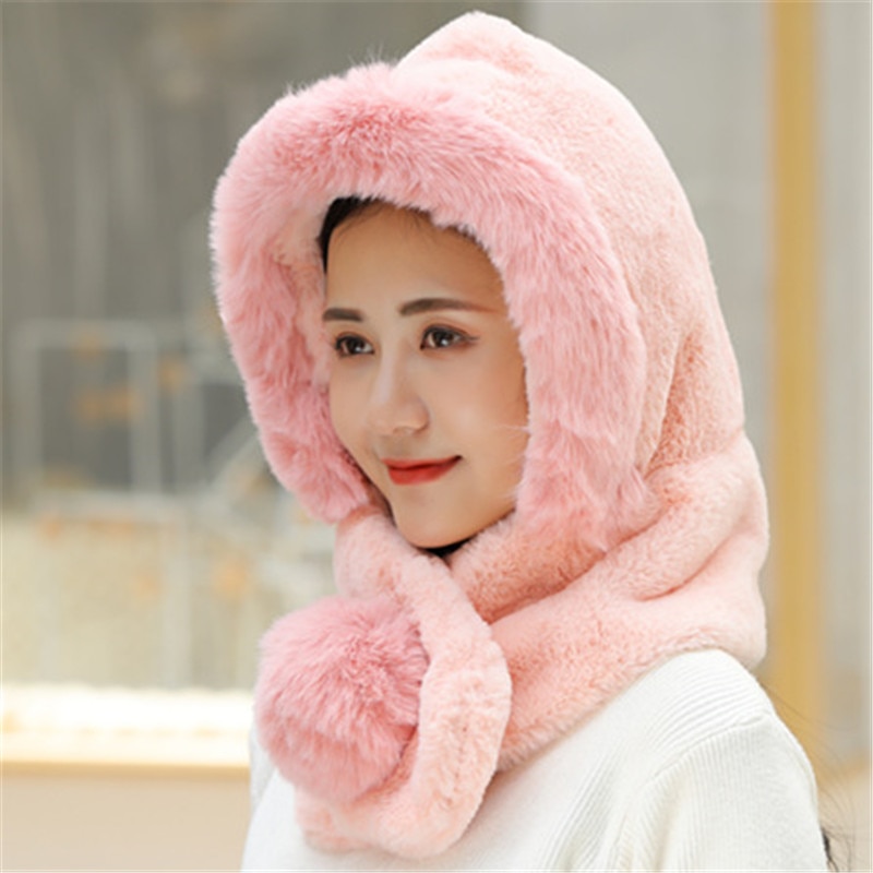 Female Winter Knitted Hats Add Fur Lined Warm Winter Hats For Women Keep Neck Ear Warmer Balaclava Pompoms Cap