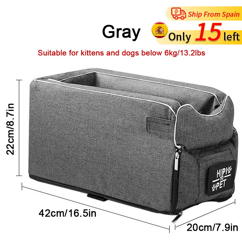 Asiento de coche portátil para mascotas, compartimento de reposabrazos para coche, cama Perrera de refuerzo, antideslizante, para perros pequeños, gatos y viajes: Gray