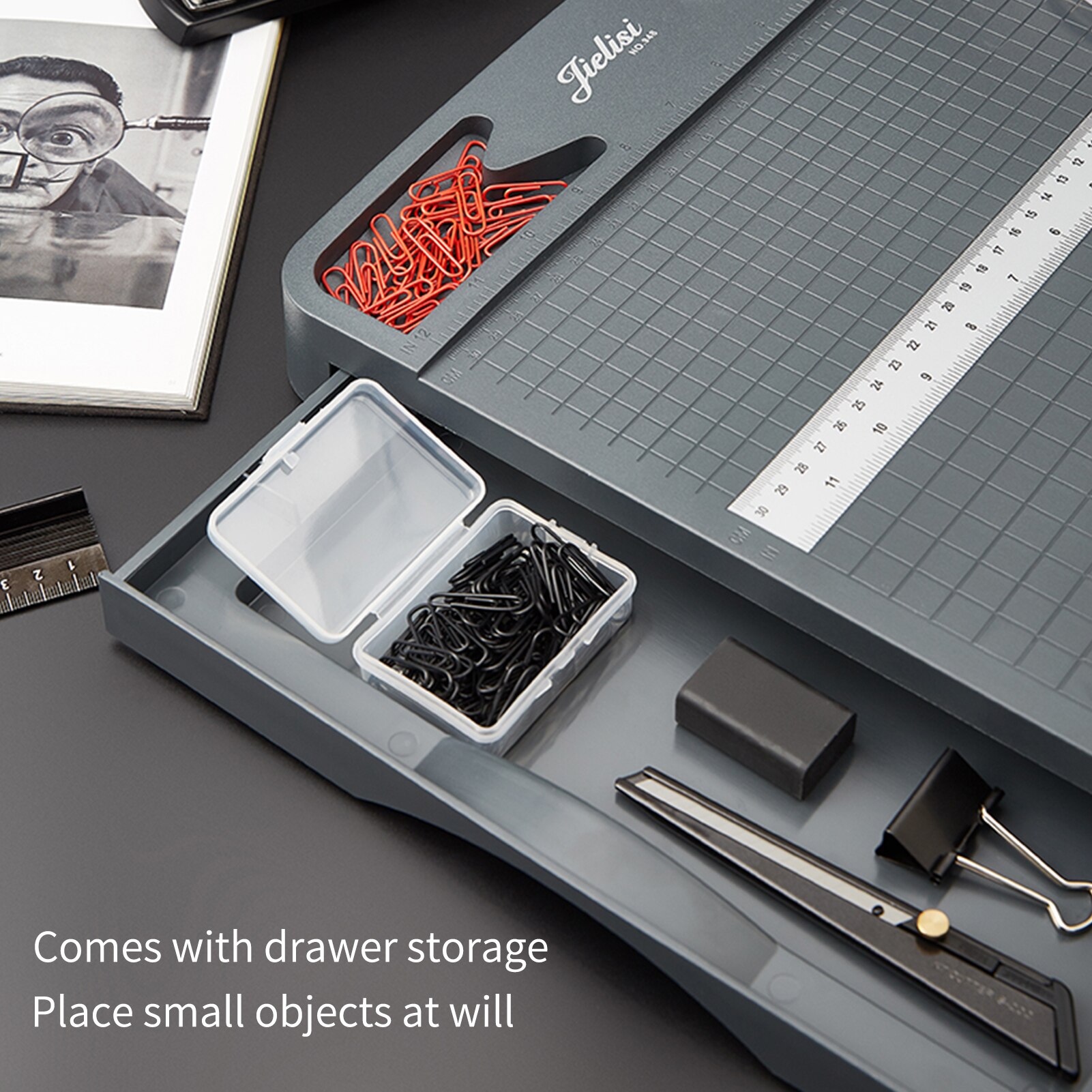 Sicherer papierschneider mit schublade für 12 #39 schnittlängen (cm & zoll #39 , kapazität: 16 blatt, ideal fürs büro