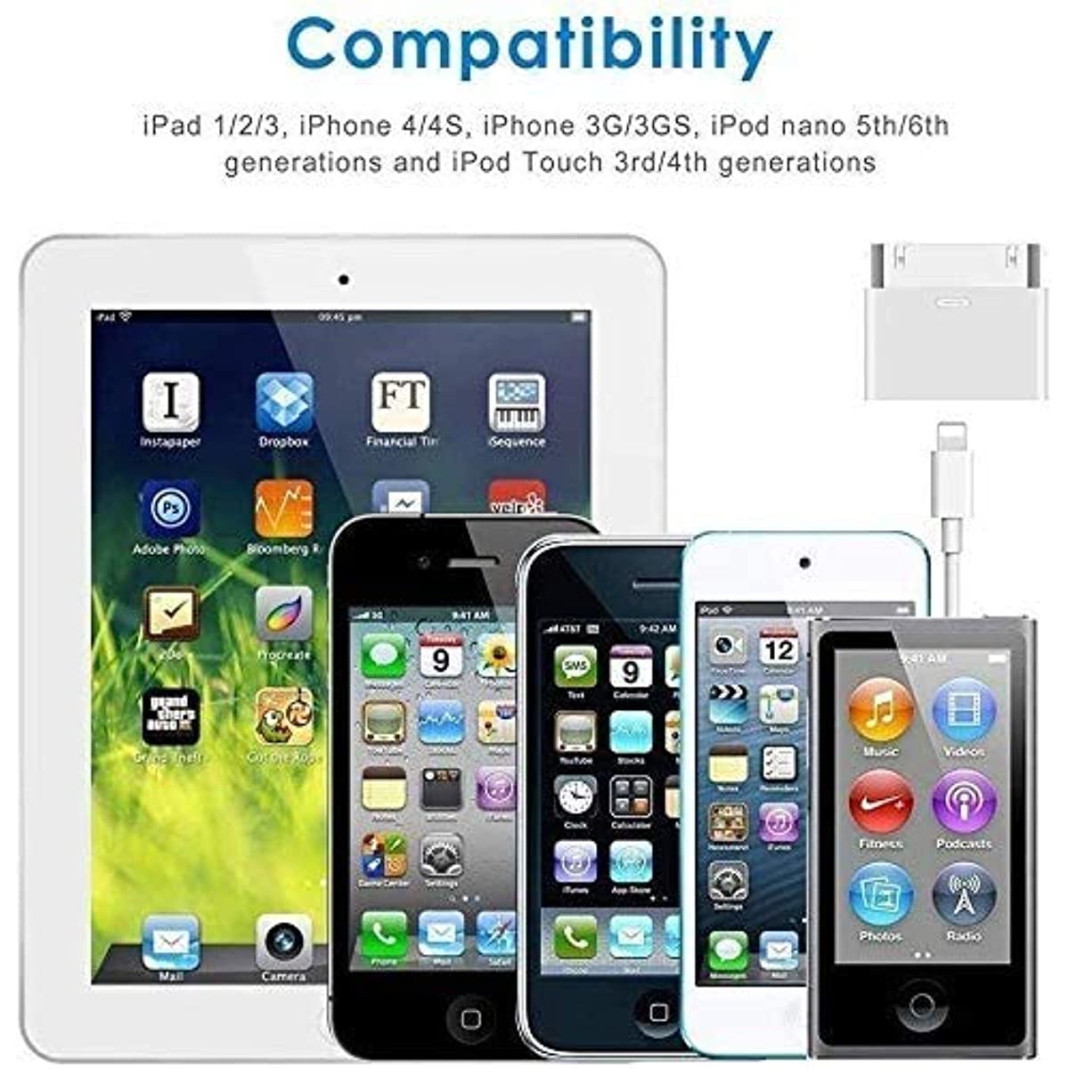 Lightning  to 30-- pins adapter, oplaad- en synchronisatieconverter voor 30- pins dockingstations, compatibel met iphone 4/4s/ en ipod touch (geen audio).