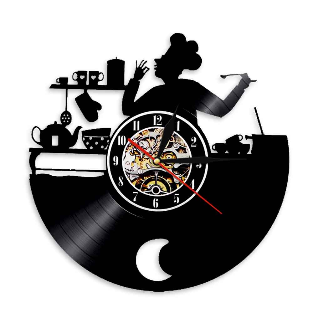 Kitchen Chef Wall Clock Cooking Vinyl Record Wall Clock Modern Baking Shop Decor Housewarming LED Wall Light reloj