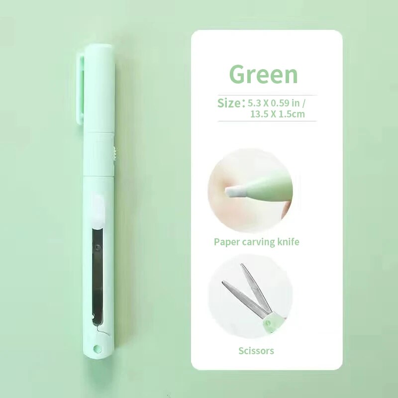 Mini tijeras portátiles 2 en 1, cúter de papel, bolígrafo de bolsillo multifuncional con forma de álbum de recortes, herramientas de arte para tallado y corte, 1 ud.: green