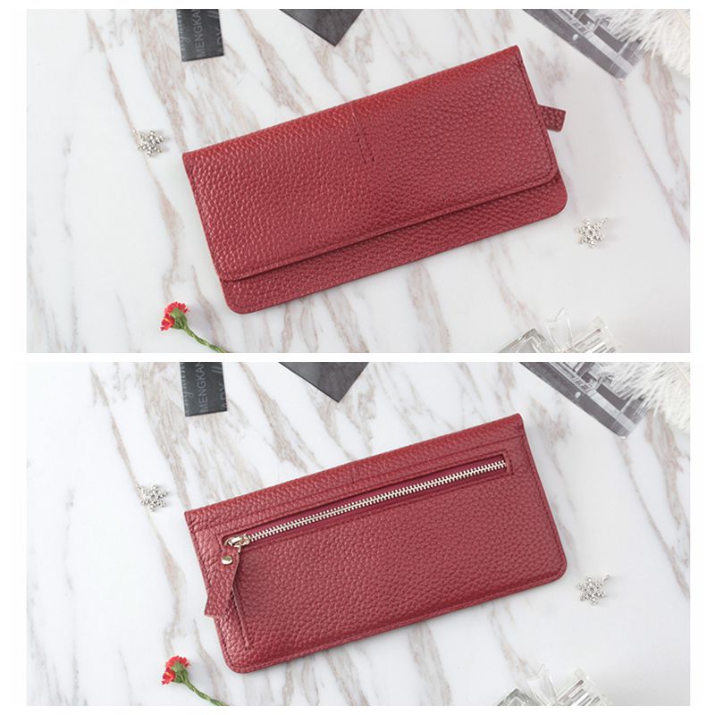 genuine cow leather slim card holder wallet ladies simple Cowhide credit card holder: Red Long Version