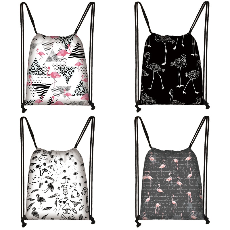 Cartoon Flamingo Print Drawstring Bag Women Travel Bag Teenager School Bag Brown Girl And Boy Backpack Storage Bags A952